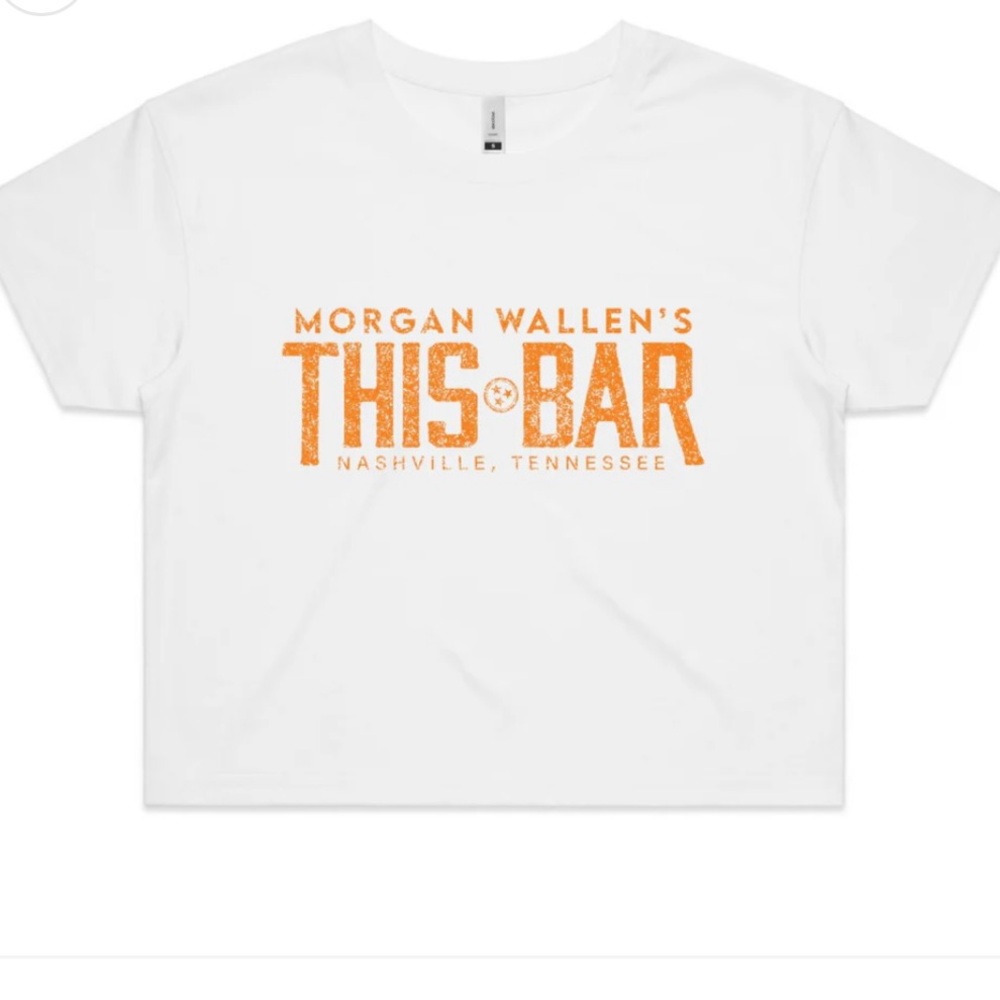 Morgan Wallen's This Bar White Graphic Crop T-Shirt with Orange Print. Brand new